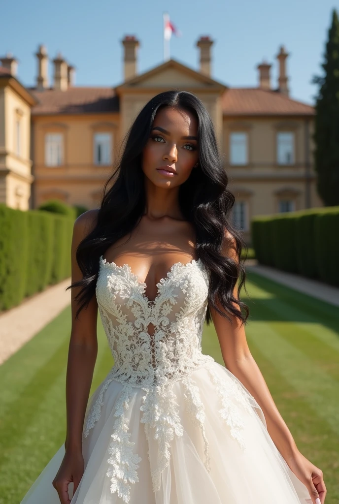 Young and beautiful woman, 22 years old, dark skin, long black hair and sparkling blue eyes. She is wearing a luxurious wedding dress. behind her a luxurious mansion in Italy. The expression on his arrogant face, highlighted by his blue eyes