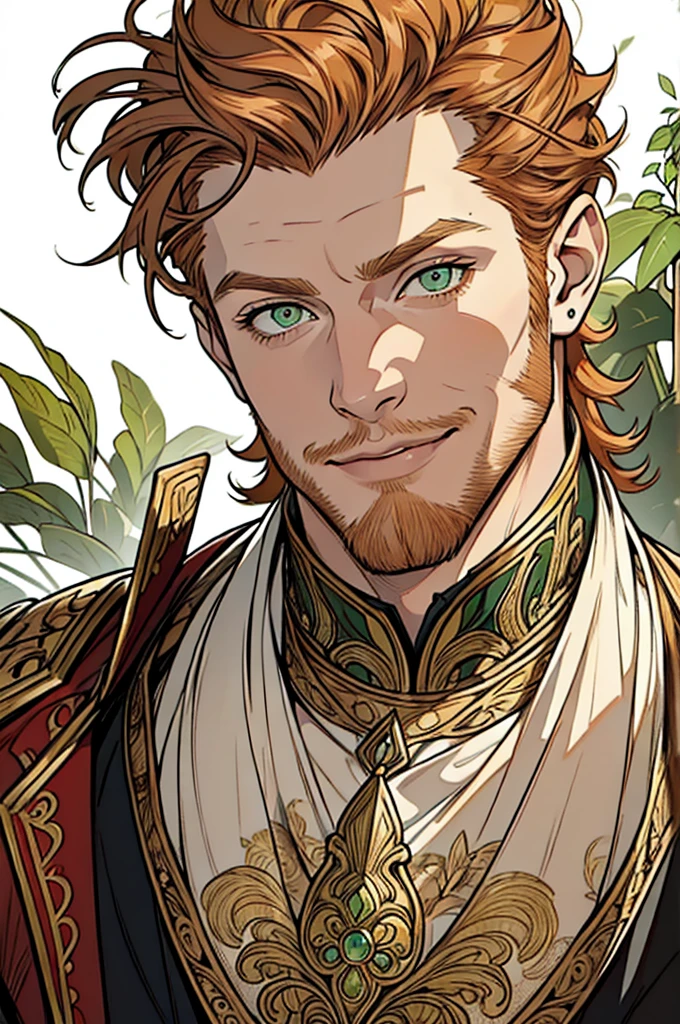 (masterpiece)，(Very detailed)，(Very detailed)，(best quality), perfect lighting, mature male, muscular, ((short messy ginger hair)), tall, stunning, beautifull face, green eyes, animated style, perfect face, highest detail, stubble, detailed face, intricate details, smile