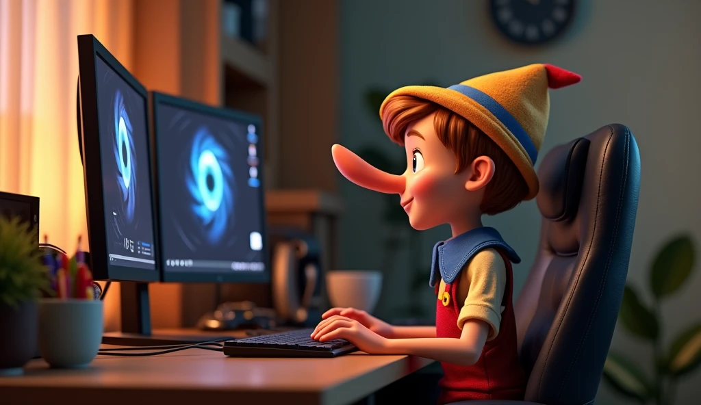 Im Stil von Pixar 3D-Animation filmen. Pinocchio with short blond hair sits in front of a gaming PC with two monitors and his long lying nose pokes a hole in one of the monitors and destroys it.