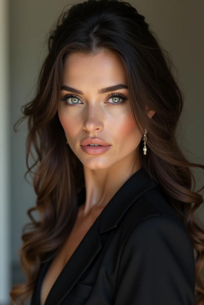 Woman 39 years old long hair with gray eyes and arrogant look English features