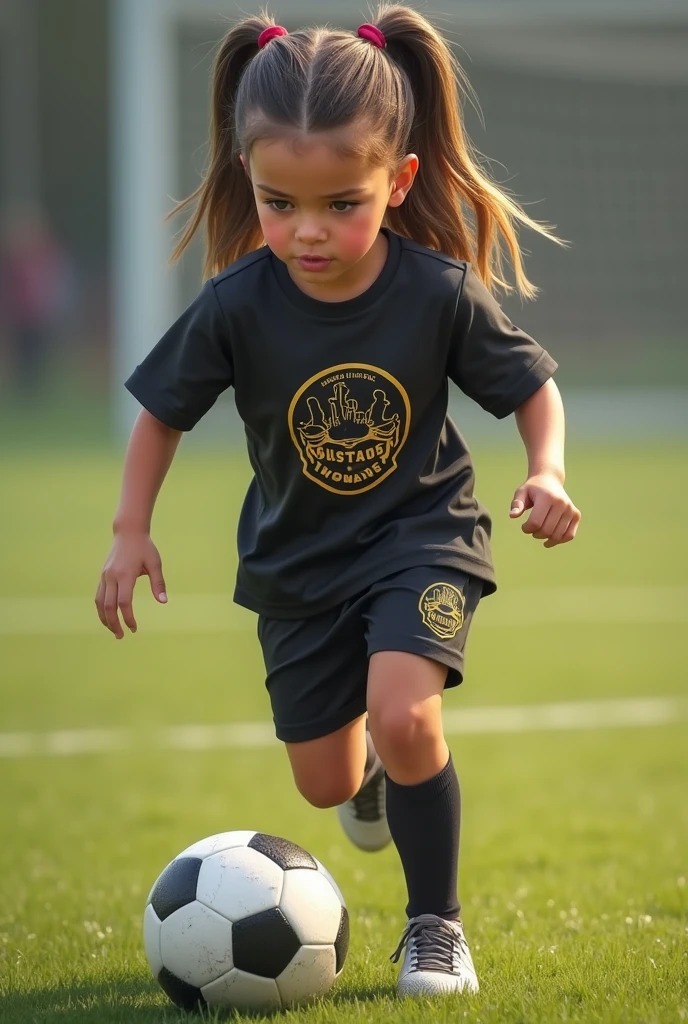 Real girl with soccer ball wearing black and gold logo free t-shirt