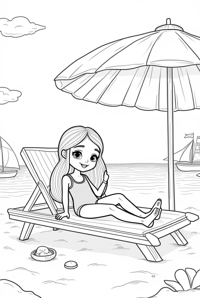 Create an illustration for a children's coloring book, which can be used in the Zara store. Leave the clothes and background without color., so that children can color them to their liking. A girl lies on a beach in a sun lounger. Under a big umbrella. She is wearing a one-piece swimsuit.. long hair. There is an iPhone and a bottle of water nearby..
The background contains elements of the beach - sea, clouds, A boat, sand castle. Realistic illustration.