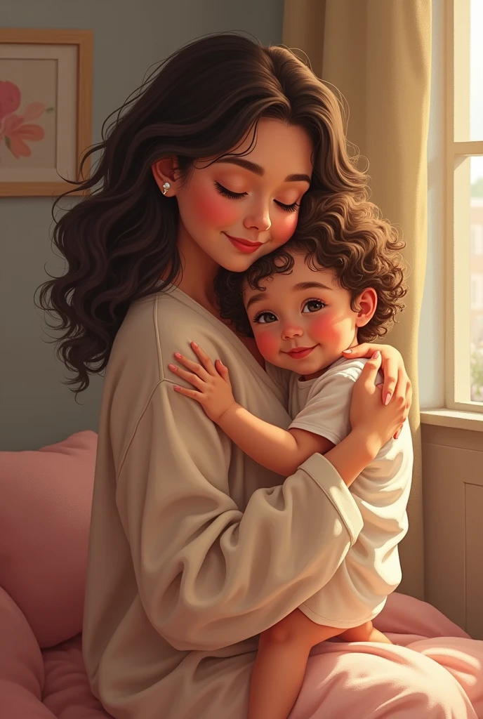 Young mother and 1 year old daughter with curly hair hugging