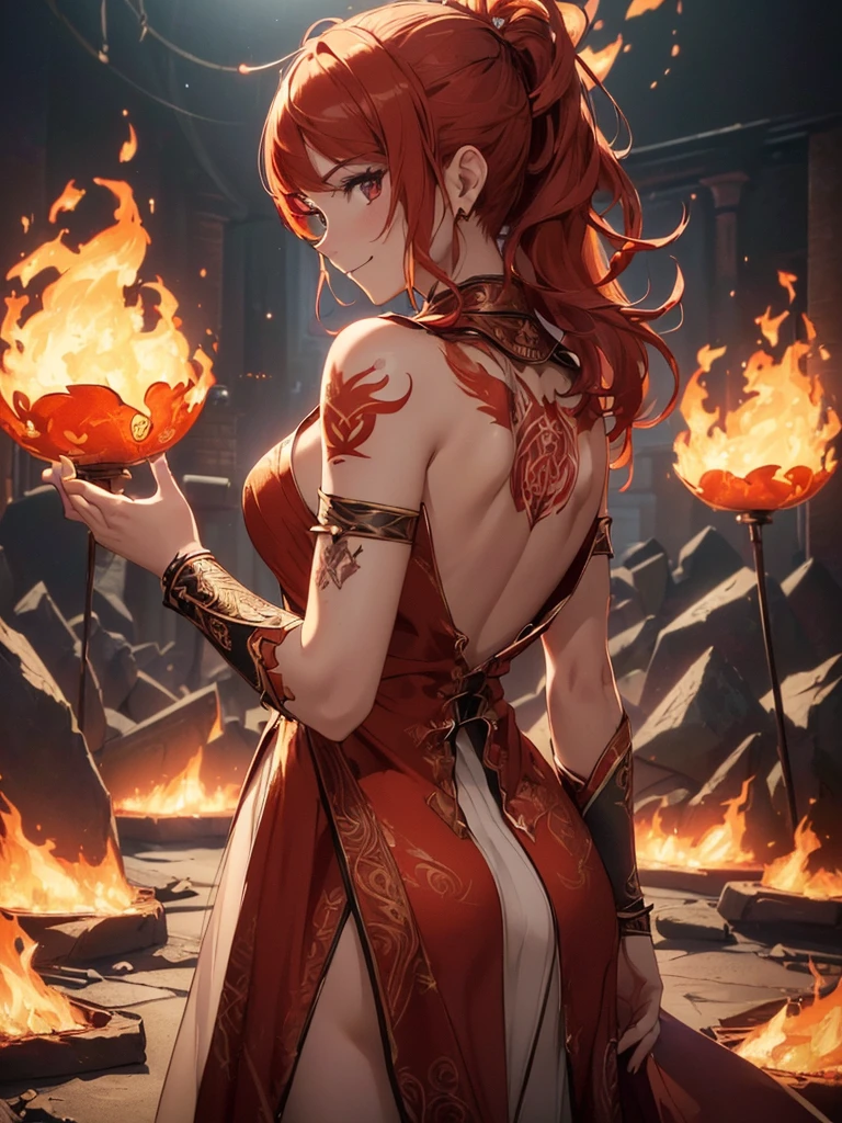 (((best quality, sharp image, clear image, cinematic lighting, 8k resolution, masterpiece, ultra detailed, intricate))) Girl, (((looking over left shoulder))), (shot from behind), fire mage, ((intricate background)), ((chaotic background)), red hair, smiling, ((flame runes, flame sigils)), (tatoo on back), slim figure, flying sigils, long dress, cute