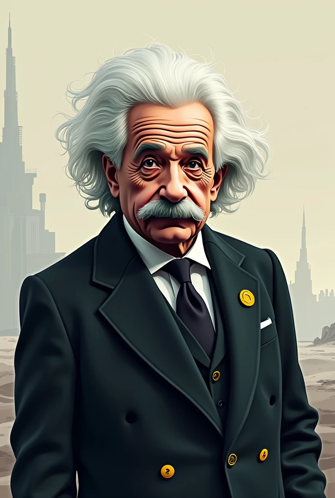 Draw Albert Einstein in artificial intelligence style with a black suit with yellow details 