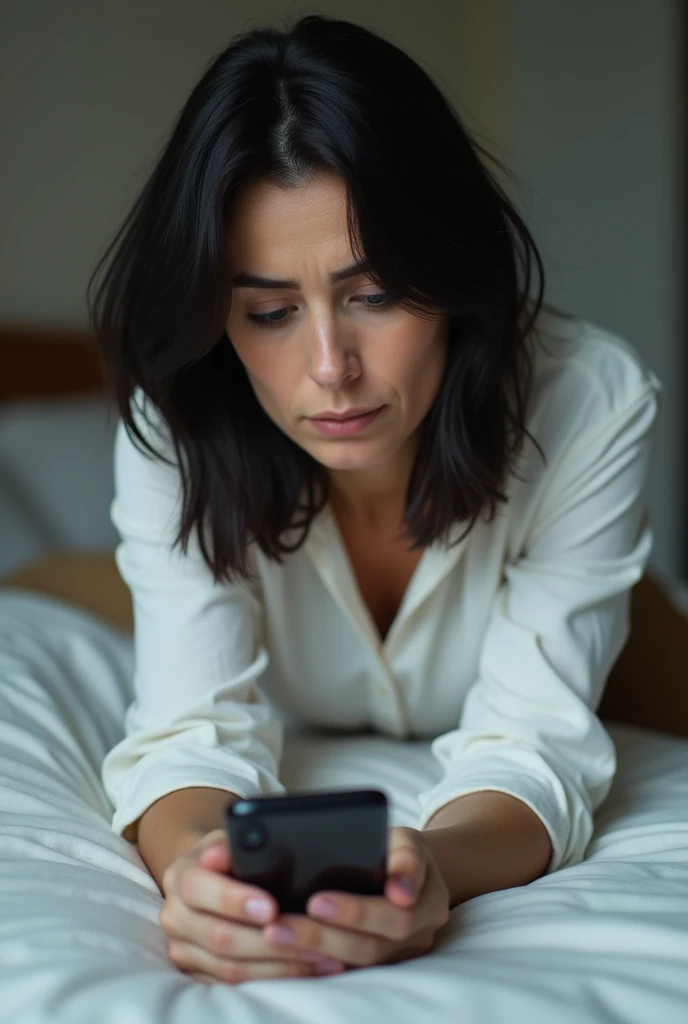Close-up of Claire's face, a brunette woman in her 30s with black hair (wearing a white shirt and brown pants), showing her exhausted expression. She takes her phone and places it on the comforter. The phone is visible with the screen off, and Claire is slightly blurred in the background