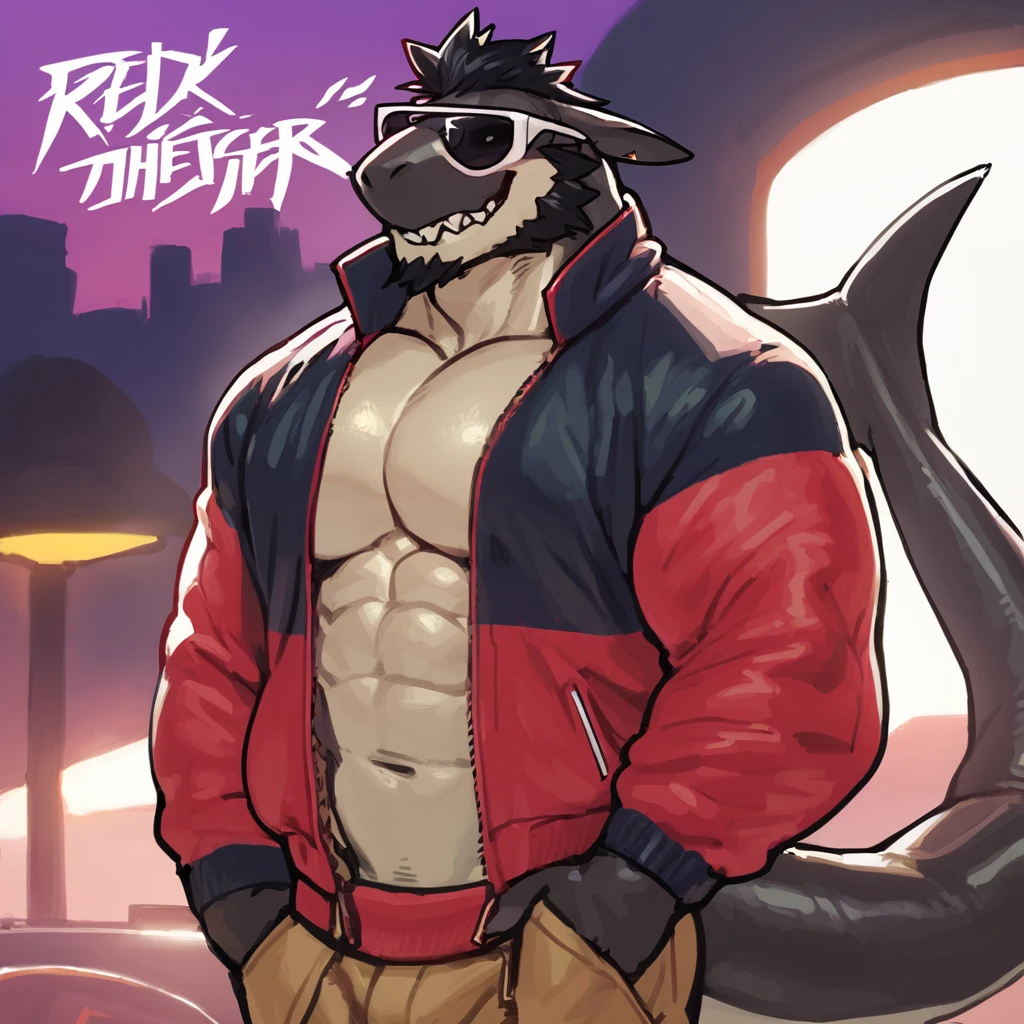 Black skinned bara dragon, very large pecs, strong physique, very muscular, perfect anatomy, masterpiece, black beard, white chest and abs black eyes, strong jaw, giant biceps, shark tail, wearing turtleneck and jacket, stylish clothes, solo, retro anime style, 80s anime style, anime artstyle, sunglasses, fashion, great lighting, by bebebebe, by ZIXiong, by zackary911, by SligarTheTiger, by RED8EAN,