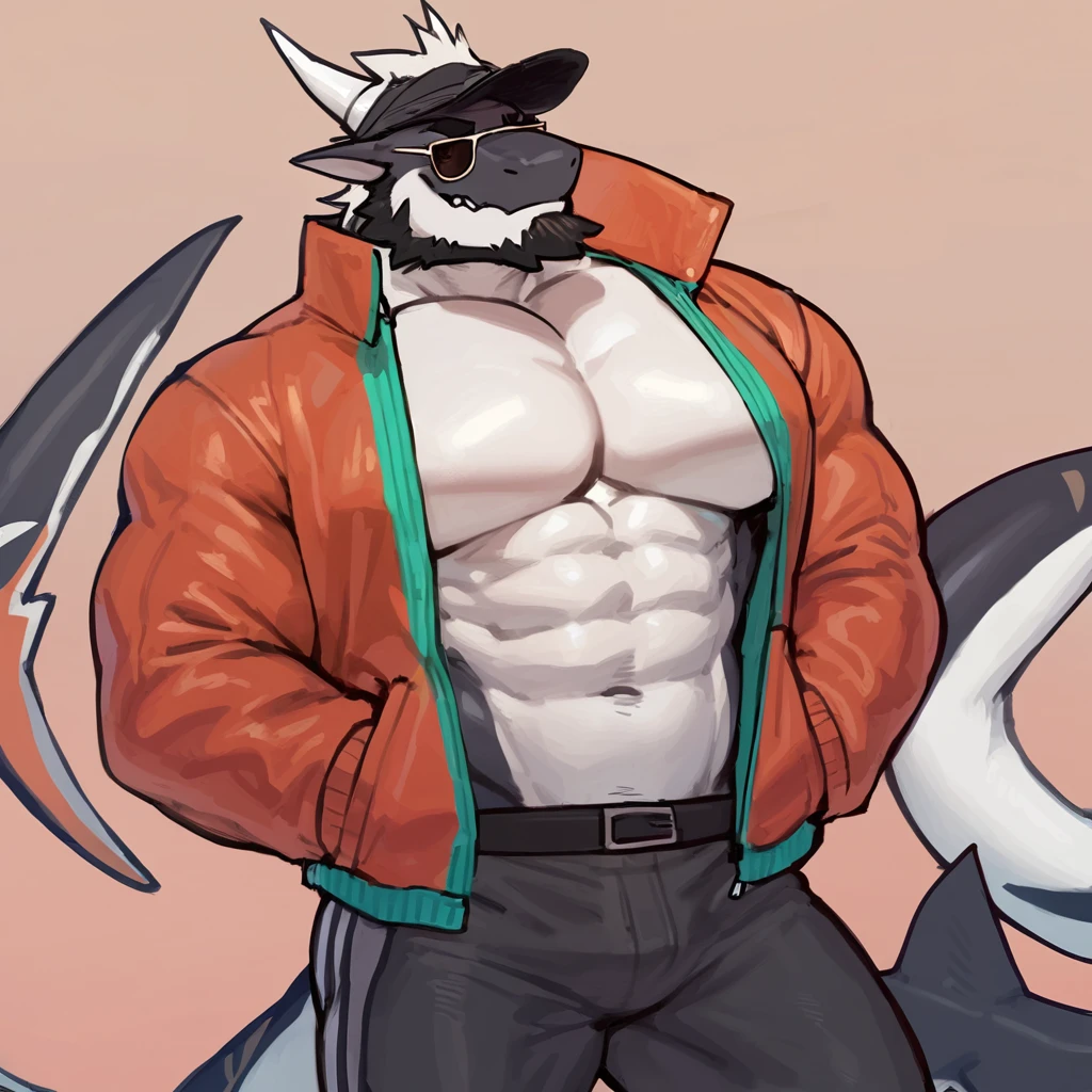 Black skinned bara dragon, very large pecs, strong physique, very muscular, perfect anatomy, masterpiece, black beard, white chest and abs black eyes, strong jaw, giant biceps, shark tail, wearing turtleneck and jacket, stylish clothes, solo, retro anime style, 80s anime style, anime artstyle, sunglasses, fashion, great lighting, by bebebebe, by ZIXiong, by zackary911, by SligarTheTiger, by RED8EAN,