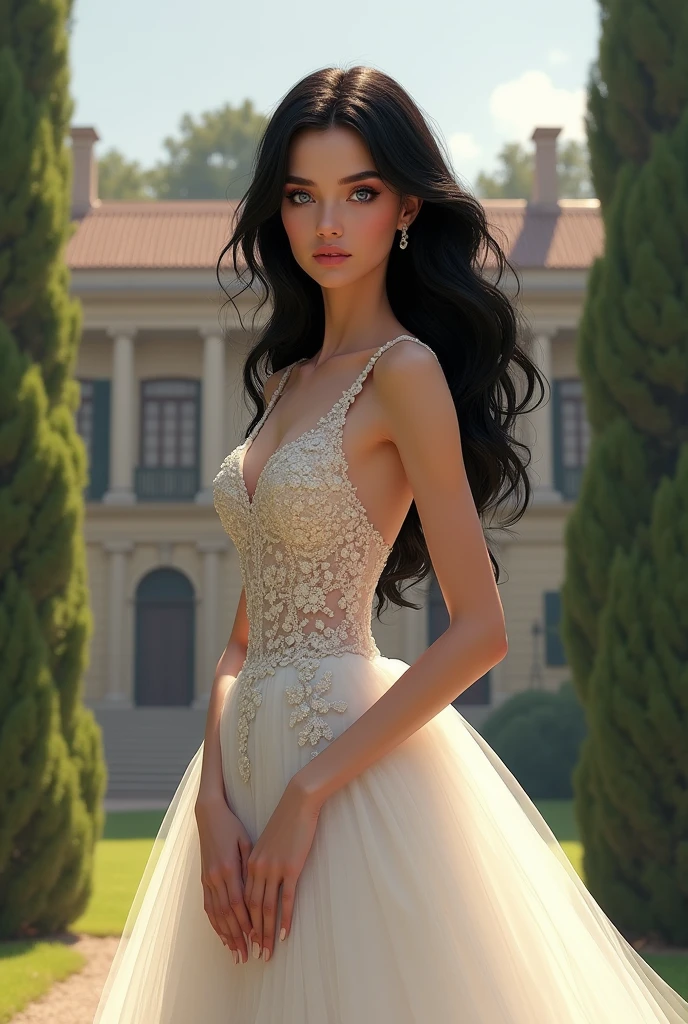 Young, beautiful woman, 22 years old, long black hair and bright blue eyes. She is wearing a luxurious wedding dress. behind her a luxurious mansion in Italy. The expression on his arrogant face, highlighted by his blue eyes