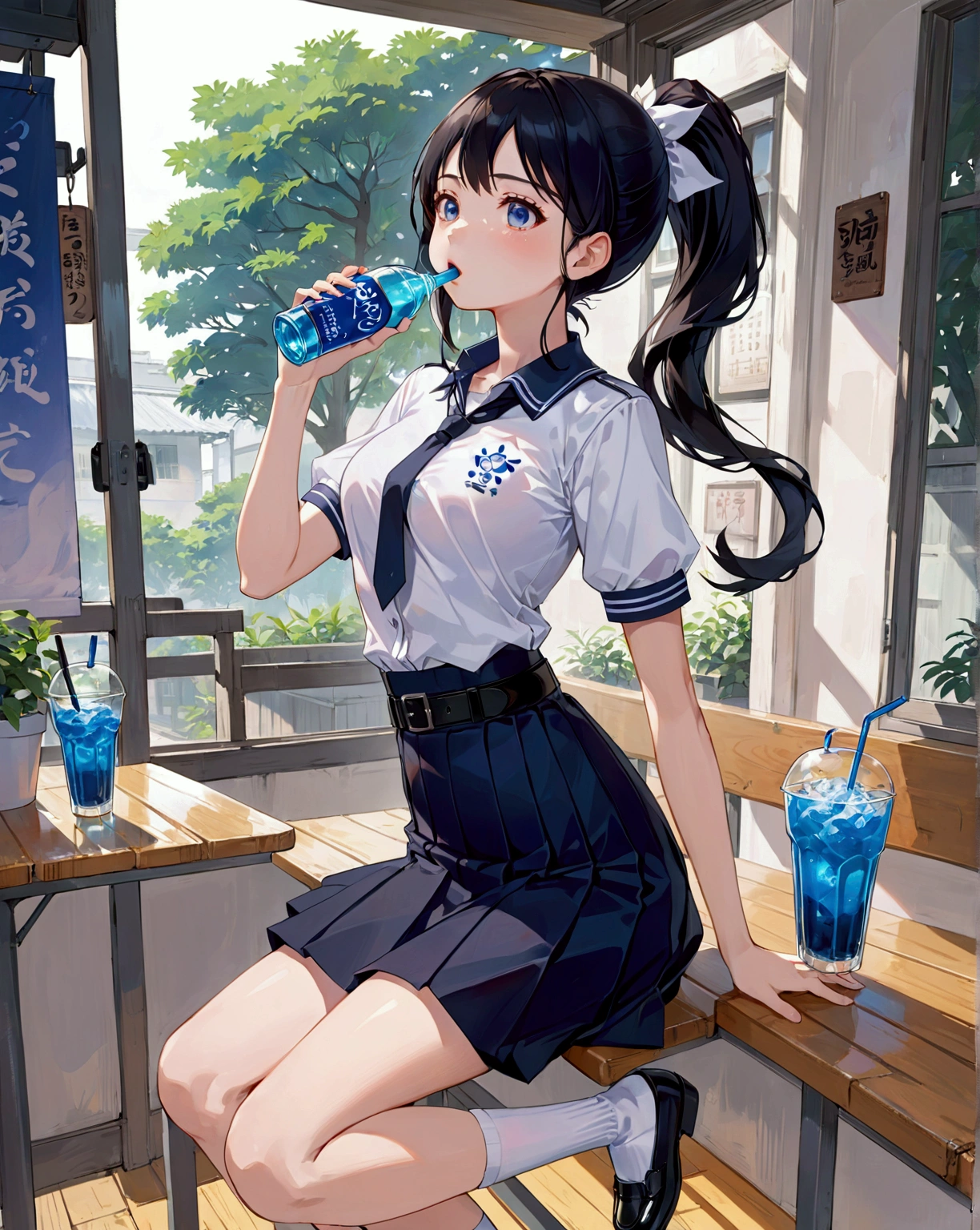 realistic anime illustration of beautiful Thai high school girl is drinking a cup of blue soda at good atmosphere cafe, she is black long hair and ponytail on back her head, wears uniform : white short puff sleeve collared unbuttoned top blouse, dark navy-blue pleated pencil long skirt with black belt, white socks and black mary-jane shoes, (1girl, solo, full body), (masterpiece, best quality, japanese anime style), (expressive eyes, perfect face, perfect anatomy)