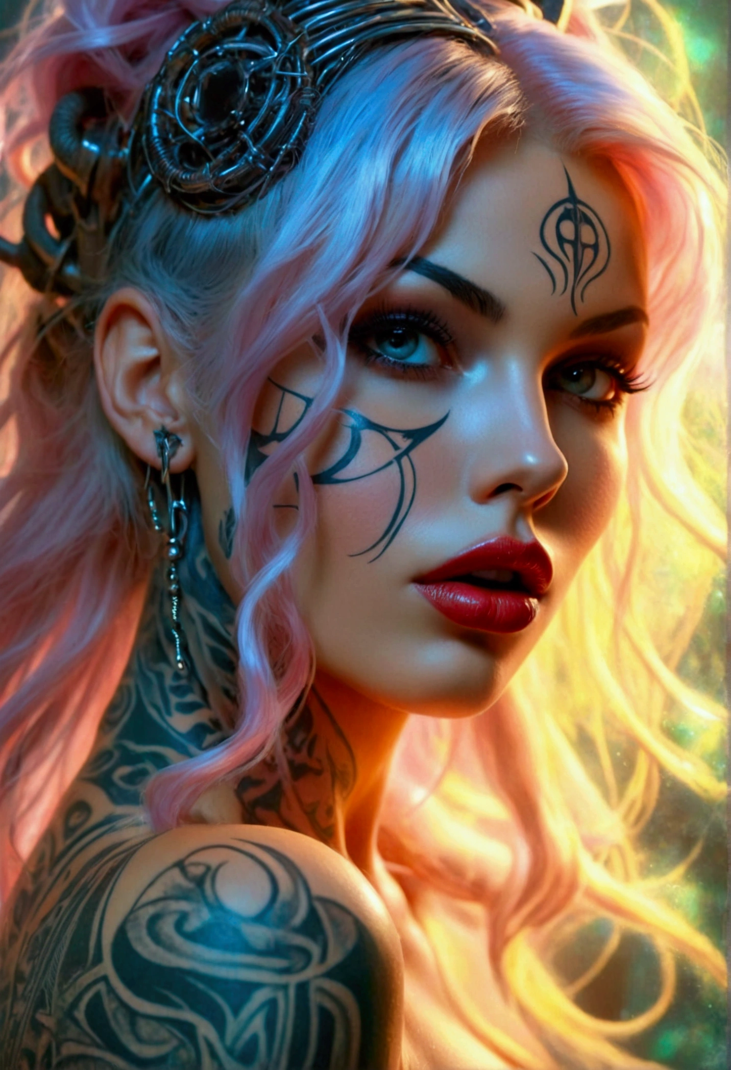 Create an image of the most stunningly gorgeous beautiful perfect sexy tattooed hrgiger girl, high detailed sexy stunning face, perfect makeup, large lips, lipstick,beautiful perfect body, bdsm bondage, long luscious hair, perfect breasts, thin waist, curved hips,  clean shaved pussy, detailed perky nipples, detailed smooth skin, 
