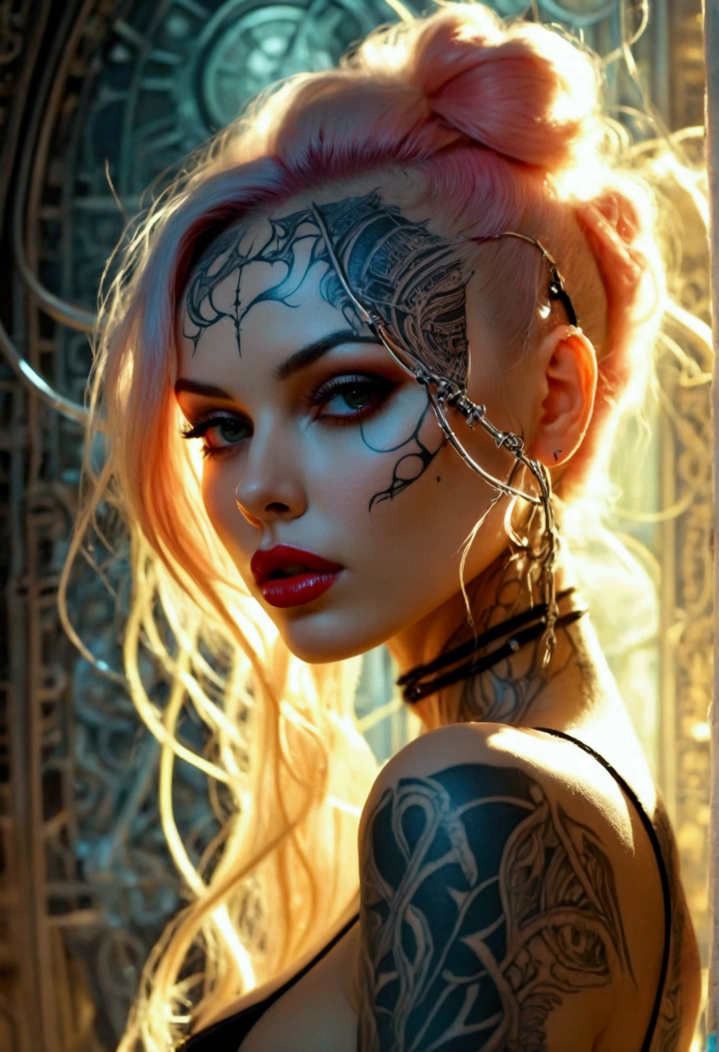 Create an image of the most stunningly gorgeous beautiful perfect sexy tattooed hrgiger girl, high detailed sexy stunning face, perfect makeup, large lips, lipstick,beautiful perfect body, bdsm bondage, long luscious hair, perfect breasts, thin waist, curved hips,  clean shaved pussy, detailed perky nipples, detailed smooth skin, 