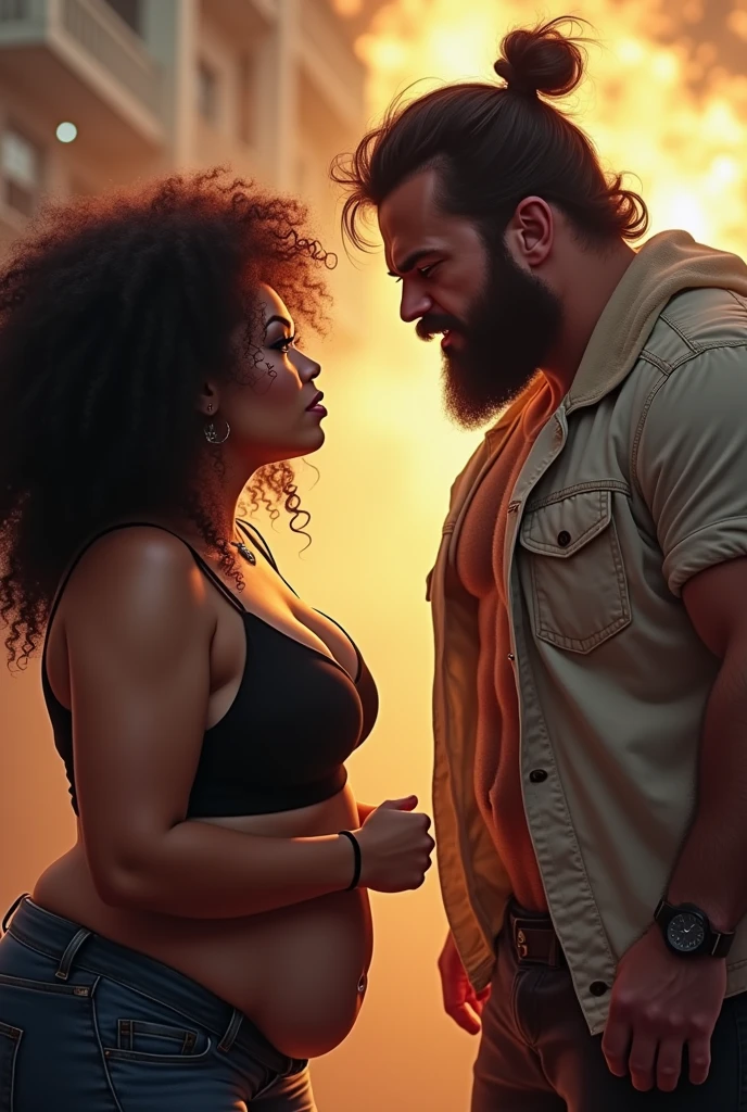 A white woman with darker red curly black power hair who is chubby arguing with a large white man with a goatee and curly hair with a 4a curl and finger curls, The Girl is white
