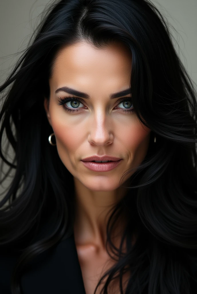 Woman 39 years old, long black hair, gray eyes and arrogant look, English features