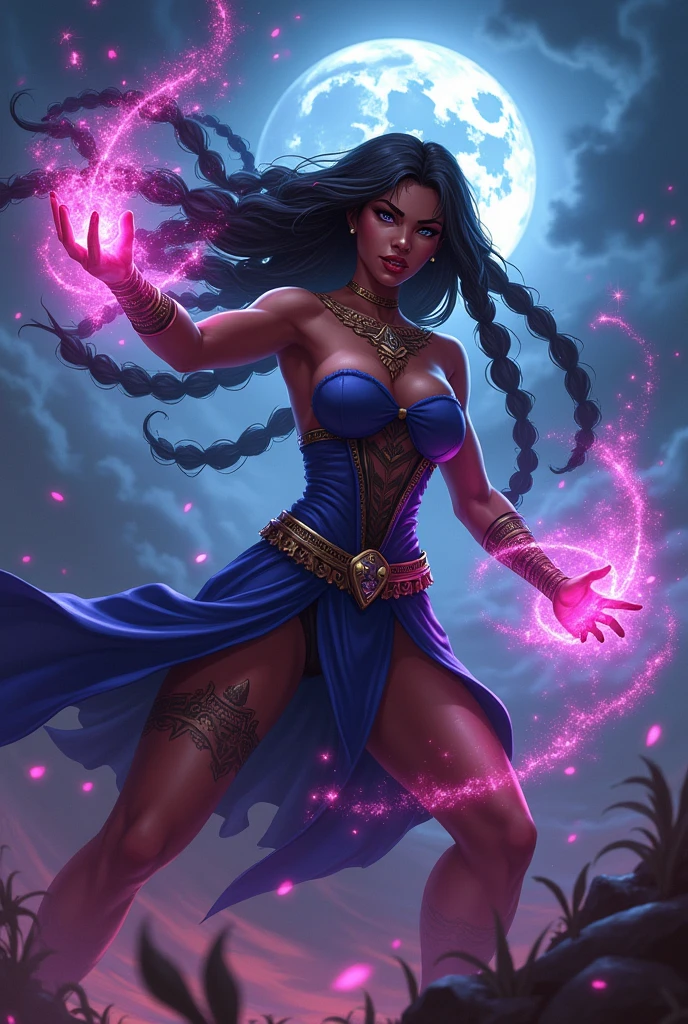 league of legends splash art, very colorful, very dynamic pose, beautiful african american woman, black hair, big hair braids, sorceress, blue sorceress outfit, fully clothed, she has tribal tattoos, striking a very dynamic pose, casting spells, lots of sparks flying through the air, full moon background