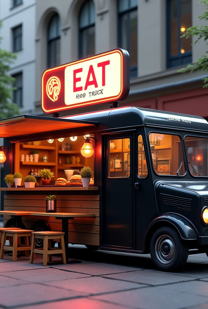 a black food truck with wooden details, with a sign with the name EAT FOOD TRUCK in white and a neon sign of a spoon rolling pasta. In the front there are some wooden chairs and tables for people to sit at.
