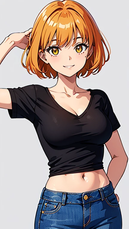 1girl, solo, Flipped-Out hair, orange hair, yellow eyes, short hair, looking at viewers, black t shirt v neck, best quality, highly quality, big fore head, smiling, Masterpiece, beautiful art, professional artist, 8k, very detailed face, very detailed hair, jeans, cleavage, cute smile, upper body, cowboy shot, medium breast, frekles, Anime style, simple backgrownd, smil, stiped shirt