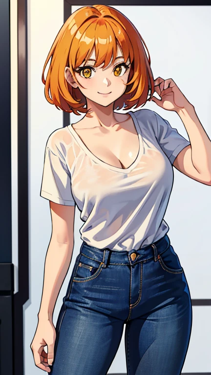 1girl, solo, Flipped-Out hair, orange hair, yellow eyes, short hair, looking at viewers, black t shirt v neck, best quality, highly quality, big fore head, smiling, Masterpiece, beautiful art, professional artist, 8k, very detailed face, very detailed hair, jeans, cleavage, cute smile, upper body, cowboy shot, medium breast, frekles, Anime style, simple backgrownd, smil, stiped shirt