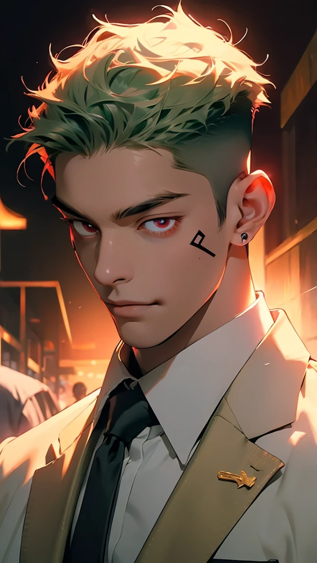 highest quality, 8K, high resolution image, anime style Jujutsu Kaisen, detailed strokes, bored look, blurry, purple light is reflected from it, 1 man, male, 27 year old man, handsome guy, cool guy, strong man, trained body, trained shoulder, multicolored background with various geometric shapes, around stickers, muscular, neon green hair, red eyes, short hairstyle: undercut, puffy chest. he wears a suit with golden details, a white shirt with collar, shirt with open collar and link necklace, shaved body, hand in his pocket, gold link chain, background: Big hall, VIP event, fundraising gala