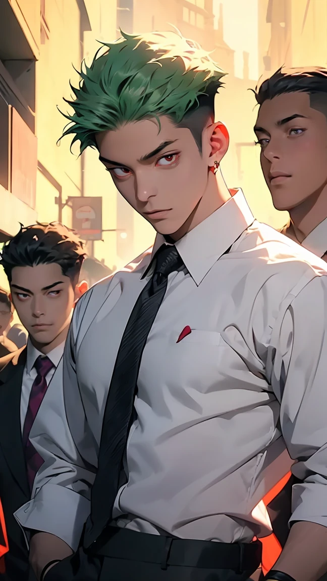 highest quality, 8K, high resolution image, anime style Jujutsu Kaisen, detailed strokes, bored look, blurry, purple light is reflected from it, 1 man, male, 27 year old man, handsome guy, cool guy, strong man, trained body, trained shoulder, multicolored background with various geometric shapes, around stickers, muscular, neon green hair, red eyes, short hairstyle: undercut, puffy chest. he wears a suit with golden details, a white shirt with collar, shirt with open collar and link necklace, shaved body, hand in his pocket, gold link chain, background: Big hall, VIP event, fundraising gala