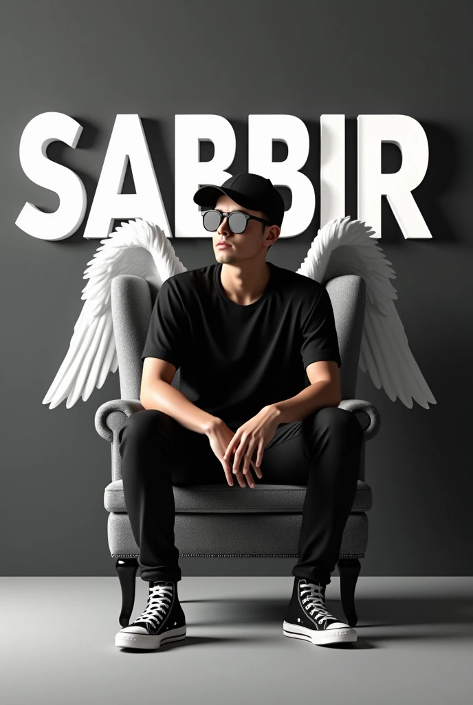 Create a 3D illusion for a profile picture where a 25 Year old cute BOY in a black shirt Sitting casually on a Wingback chair. Wearing sneakers, a black cricket cap, and sunglasses, he looks ahead. ahead. The background features "SABBIR" in big and capital white fonts on the dark grey wall. There should not be his shadow, and there are wings to make it appear as if he is an angel