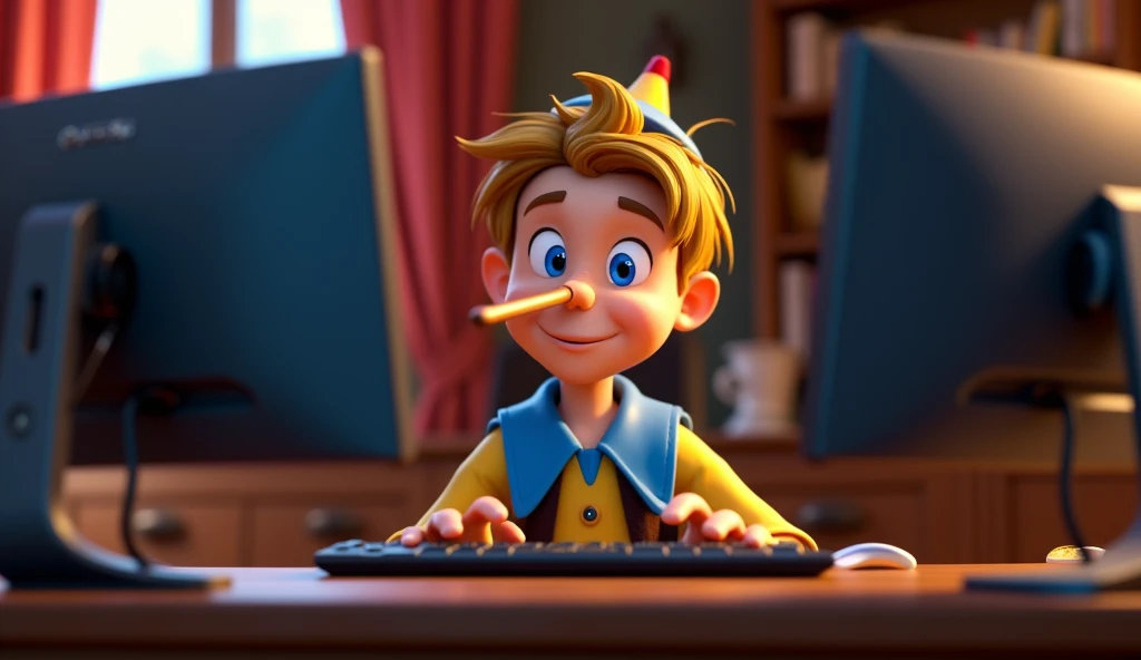 Im Stil von Pixar 3D-Animation filmen. Pinocchio with short blonde hair sits in front of a gaming PC with two monitors, a long lying nose pierces one of the monitors and destroys it.