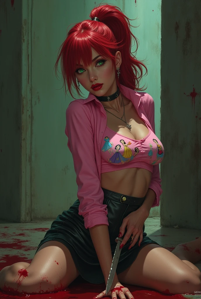 Sexy serial killer with red ponytail with side swept bangs, green eyes, and glossy red lips curled into a smile. A tight pink short sleeve shirt with a rainbow and a leather miniskirt, doc marten boots. She is strangling of her victims. Bodies of her past victims litter the floor.