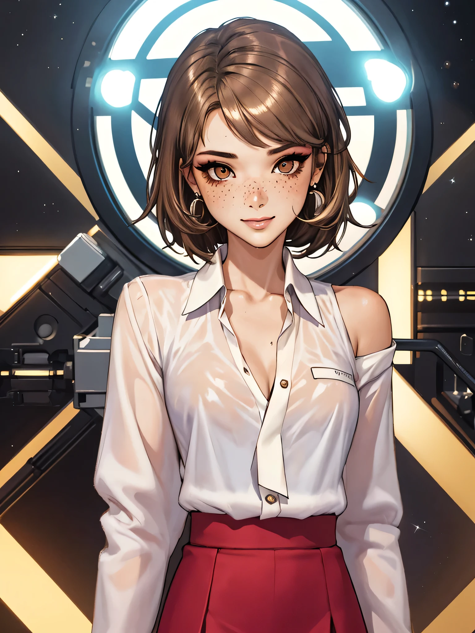 1girl,a beautiful fashion model ,(masterpiece, detailed background, best quality), shoulder length hair, short and shiny hair, light brown hair, elegant makeup, dark makeup, earrings, pink eyeshadow, white shirt, brown skirt, tie between breasts, brown eyes, wet skin small breasts, shiny breasts, shy, bashful, eager, happy, (space cruise), freckles, mousey, , slippery, glossy
