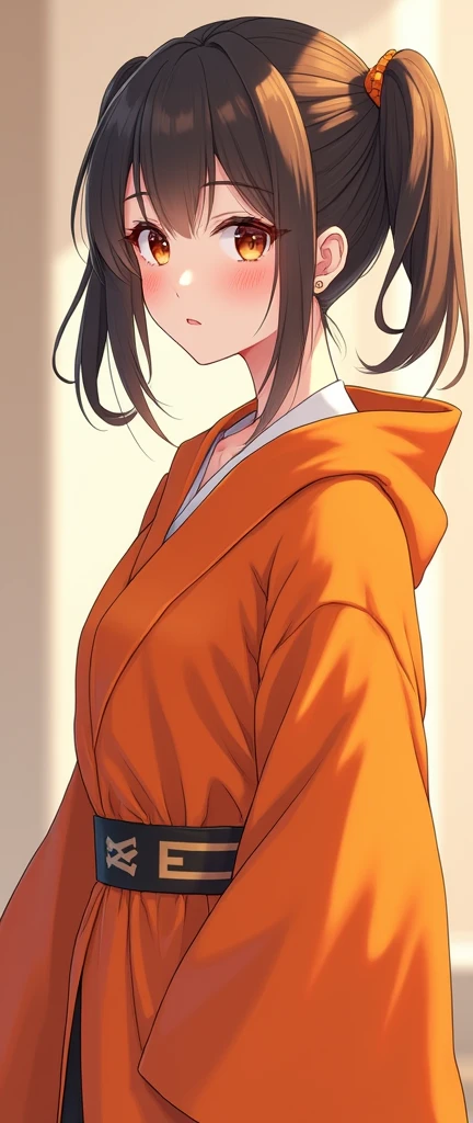 anime:1.5, (Single beautiful young woman with twin pigtails hairstyle:1.5), Modern clothing, animated style, Nice orange priest anime costume., detailed face, pretty eyes, cute expression, Soft lighting, detailed representation, vibrant colors, elegant, Capricious, Very detailed, 8k,