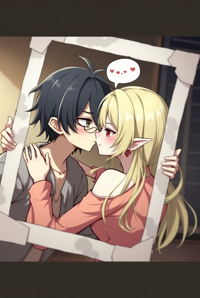 A beautiful necromancer mature girl and a handsome young boy, Black short disshalve hair with Brown eyes and glasses, the boy's skin is not so pale but white, his look is of love for his beloved, romantic couple in love kissing, blonde long-haired girl, big red eyes, elf ear with a red-colored earring not in her left ear, her skin is not so pale but white, her eyes are with hearts, wearing long shirt without pants, in a room setting, masterpiece, best quality, absurdly high resolution