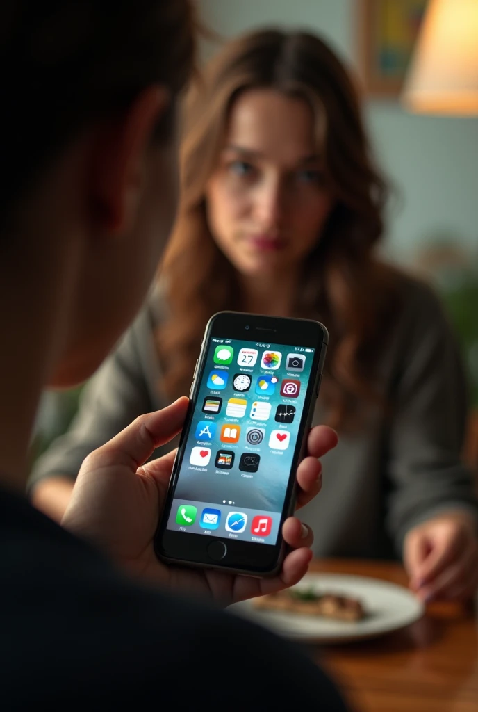 View of Claire's phone screen showing open apps. Claire seems ready to scroll through her photos, with a slightly blurred view of her face in the background and the phone screen clearly visible.