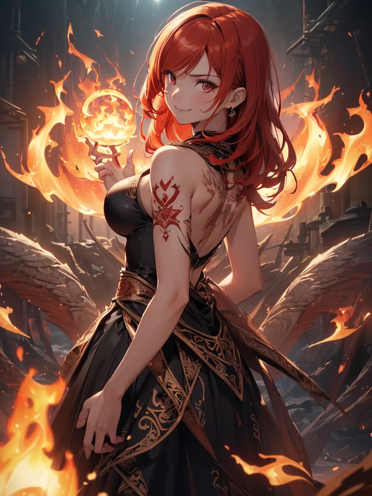 (((best quality, sharp image, clear image, cinematic lighting, 8k resolution, masterpiece, ultra detailed, intricate))) Girl, (((looking over left shoulder))), (shot from behind), fire mage, ((intricate background)), ((chaotic background)), red hair, smiling, ((flame runes, flame sigils)), (tatoo on back), slim figure, flying sigils, long dress, cute
