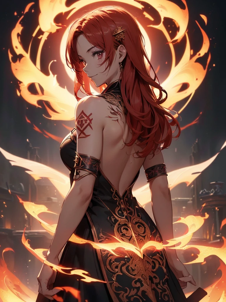 (((best quality, sharp image, clear image, cinematic lighting, 8k resolution, masterpiece, ultra detailed, intricate))) Girl, (((looking over left shoulder))), (shot from behind), fire mage, ((intricate background)), ((chaotic background)), red hair, smiling, ((flame runes, flame sigils)), (tatoo on back), slim figure, flying sigils, long dress, cute