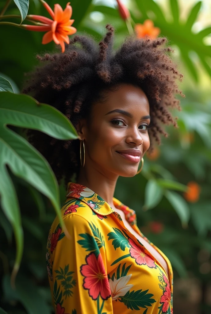 A Brazilian woman in a lush tropical garden, wearing an open shirt with a floral print, with a close-up capturing the harmonious beauty between her breasts and the natural flowers, showing off your natural charm and outgoing personality.