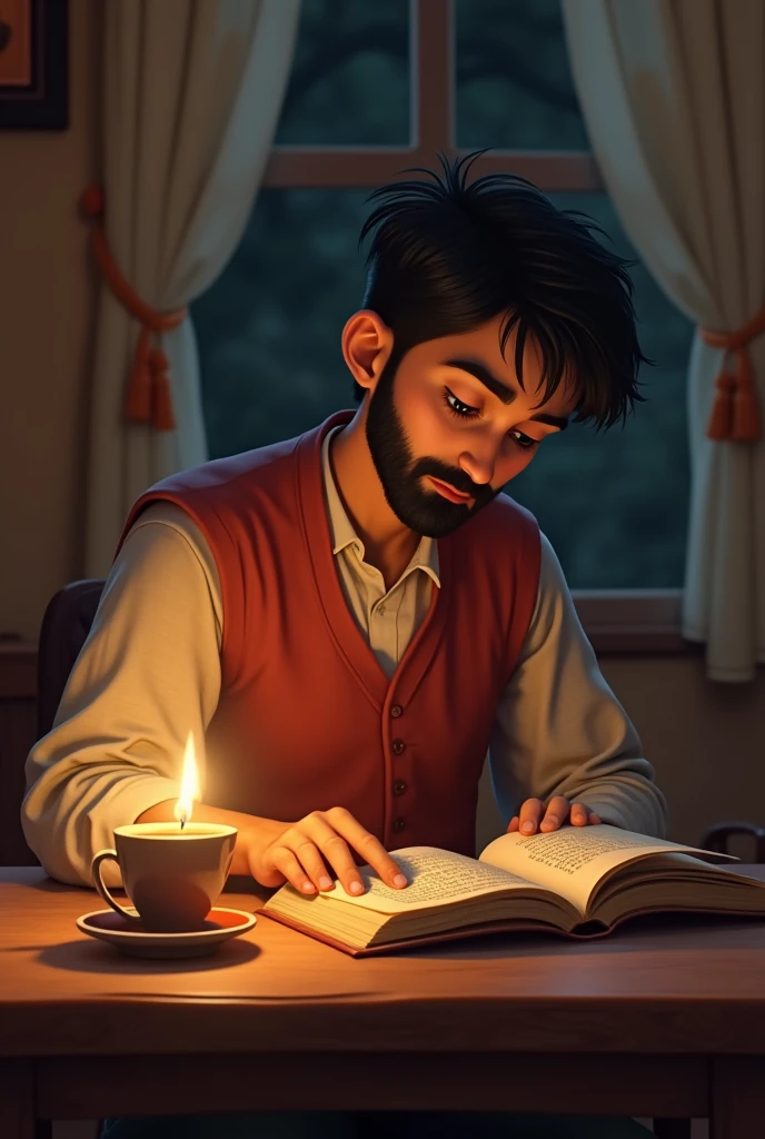 A boy is sitting reading a story book and there is a cup of tea and a lighted candle on a table in front of him, and he is 18 year, he has a short beard and moustache and there body Punjabi