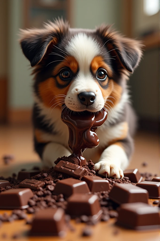 Dog eating a lot of chocolate
