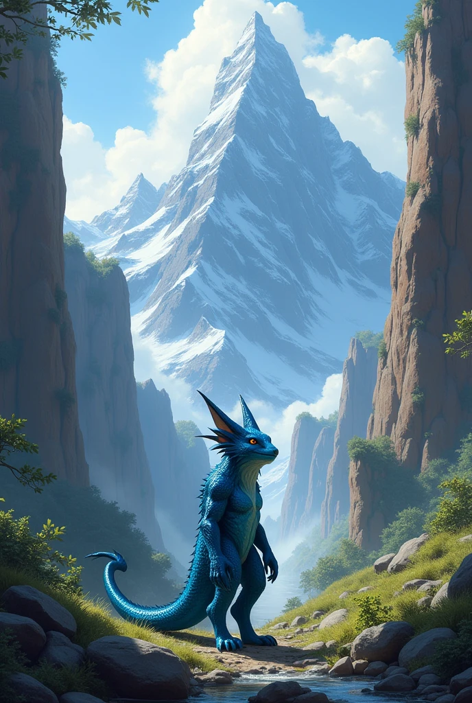 Create an RPG character, he is a kobold druid. Its scales are blue, the background resembles a mountain 