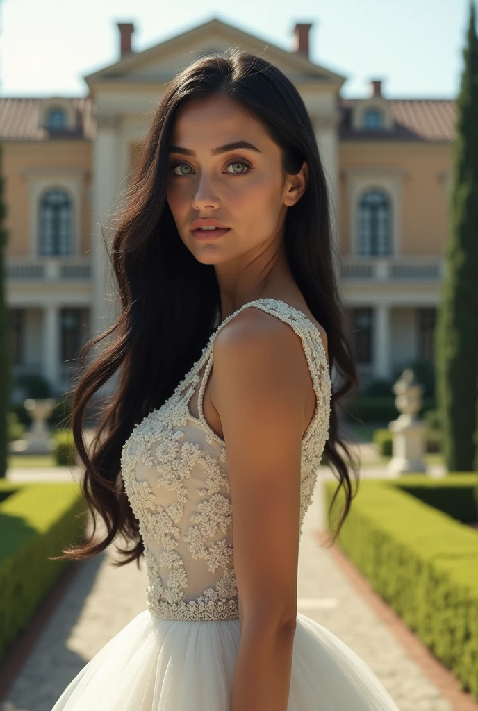 Young, beautiful woman, 22 years old, long black hair and bright blue eyes. She is wearing a luxurious wedding dress. behind her a luxurious mansion in Italy. The expression on his arrogant face, highlighted by his blue eyes