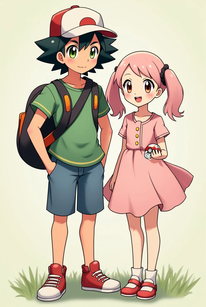 Make a male and a female Pokemon character by mixing Ash's image and Misty's image.
To the child ,Put a hat on him/her.. May your hair be black with orange.Add a pokeball to the boy.
May your eyes be GREEN.
The girl has brown eyes and pastel pink hair ,wears a dress and carries a pacifier.
The girl has two low pigtails made that they are posing for the photo.