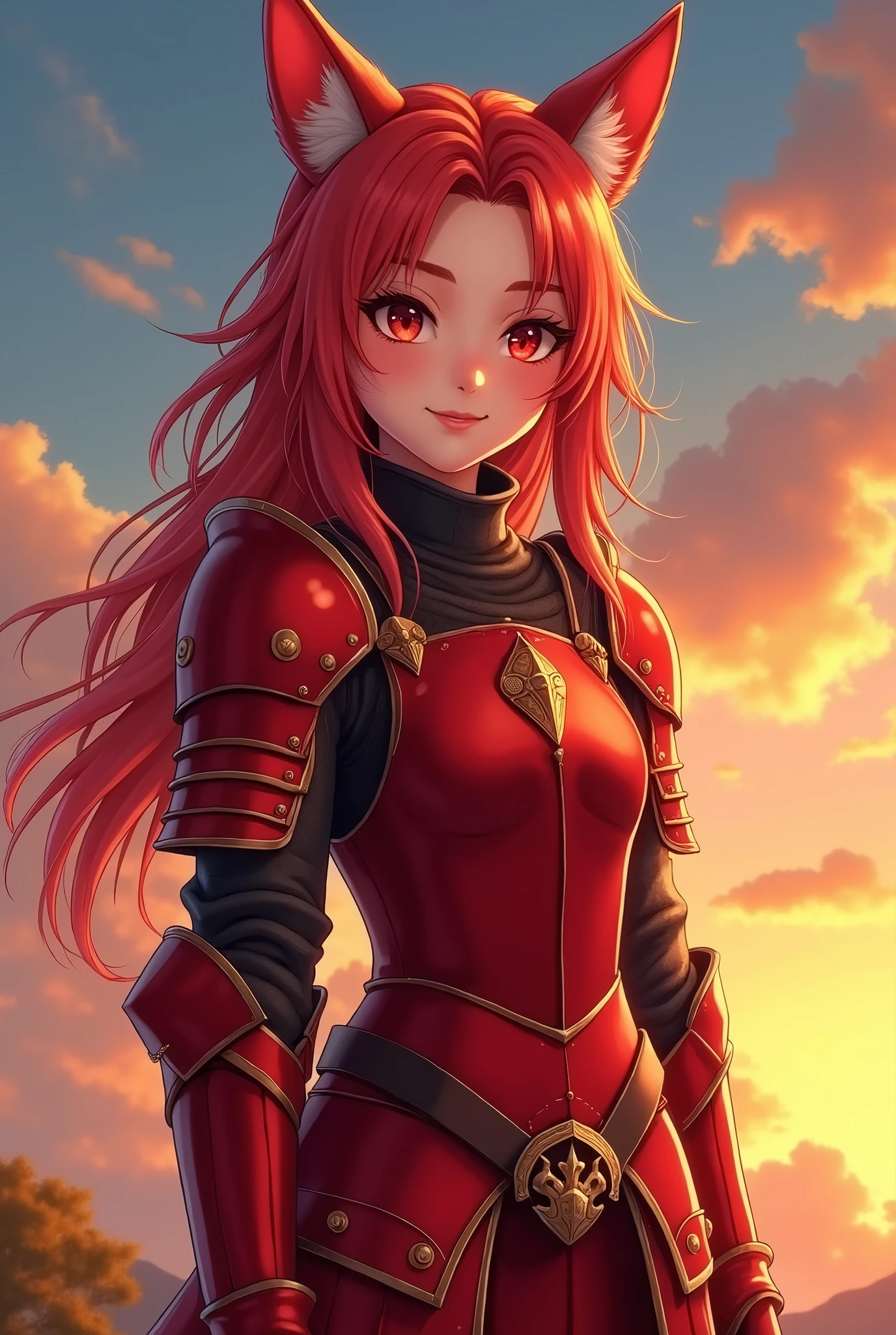 (masterpiece, best quality:1.2), cloud, sky, sunset, upper body, girl, htcerberus, happy, smile, red hair, red eyes,looking at viewer, standing, dog ears, waistcoat, wearing red medieval armor