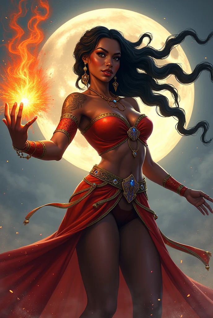 league of legends splash art, izzet magic the gathering, very colorful, very dynamic pose, beautiful african american woman, black hair, big hair braids, sorceress, fully clothed, she has tribal tattoos, striking a very dynamic pose, casting fireball, lots of sparks flying through the air, full moon background