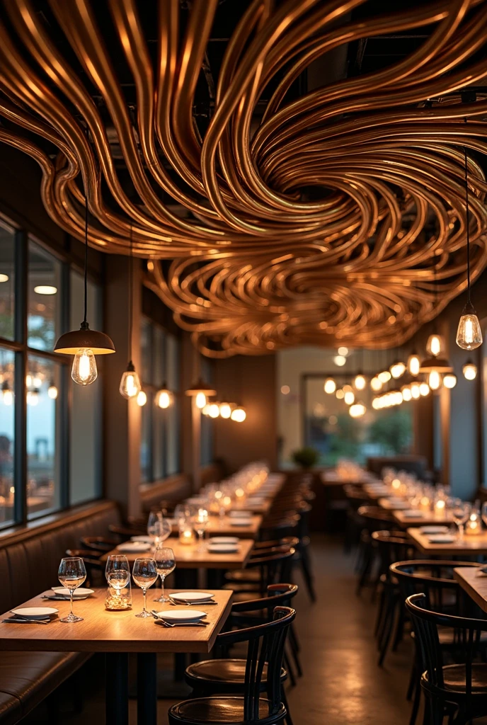Show me a picture of a ceiling decorated with metal tubes that go in directions intertwined with each other, in different directions from which warm lights hang in a vintage-style restaurant that has an area of 3 meters by 4 meters