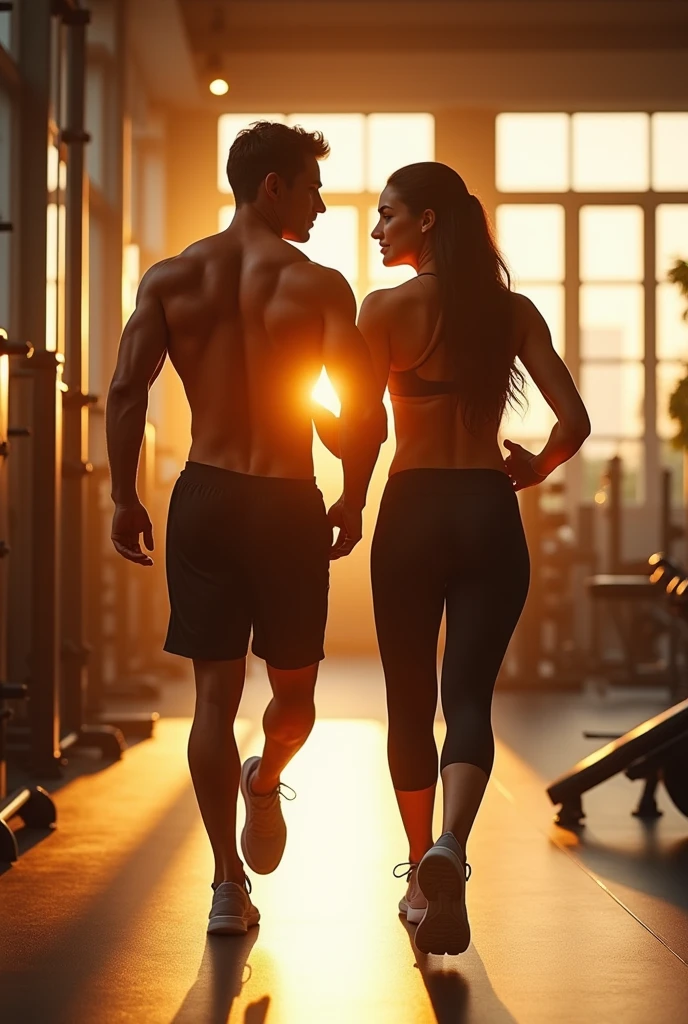 Couple training together at the gym, com tons dourados