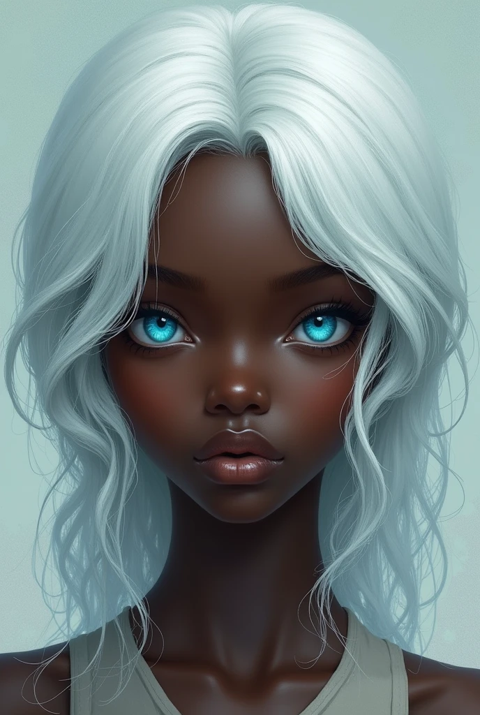 White haired girl with African descent, blue eyes and black