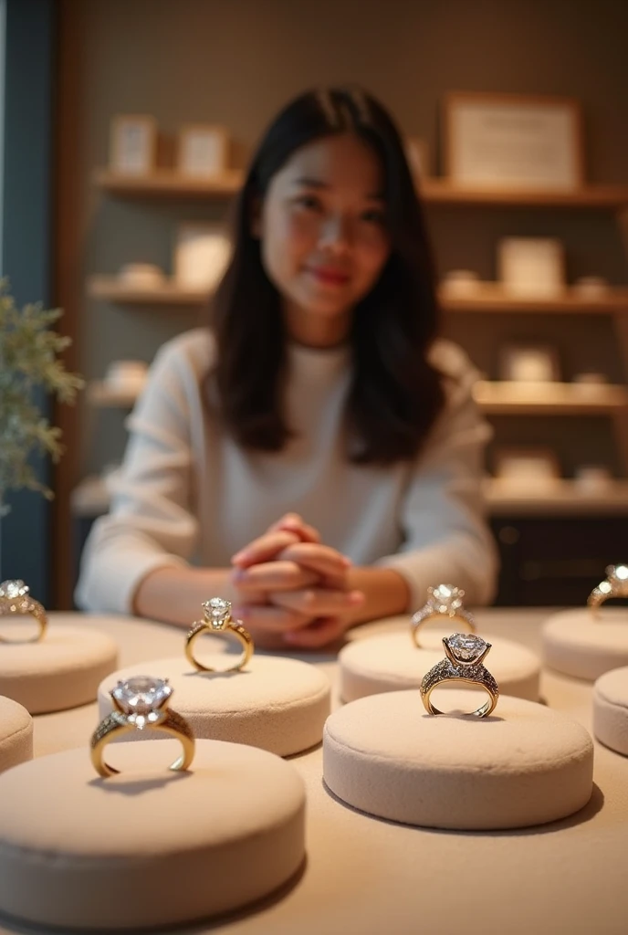 Create a space for me where there is a bearer with several gold engagement rings and precious stones , with diamonds that go for diamonds that are not so big and exaggerated like a sample with some jewels is for a jewelry store