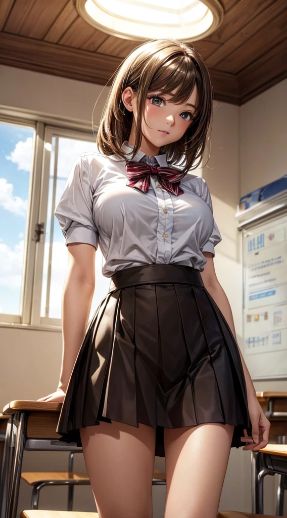 ((masterpiece)), ((Best Quality)), (ultra detailed), ((extremely detailed)), 4k, (8k), Best Quality, (beautiful), animated style, Upper part of the body, look up from below, Full body approach, in the classroom, a pretty girl, 1 girl, School uniform,beautiful light brown hair, ((beautiful eyes)), medium hair, buttocks, big breasts, ashamed, shiny effect, Lens flare, brillante-shimmering, shimmering