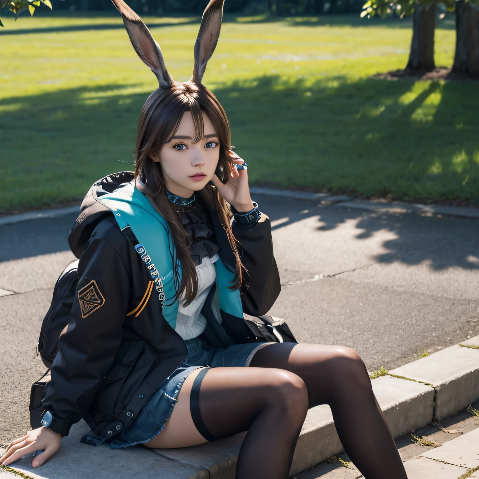 "solo, Amiya Arknights, blue eyes, sit at grass, outdoor garden, sunny day, long brown hair, brown rabbit ears, cosplay, Realistic."