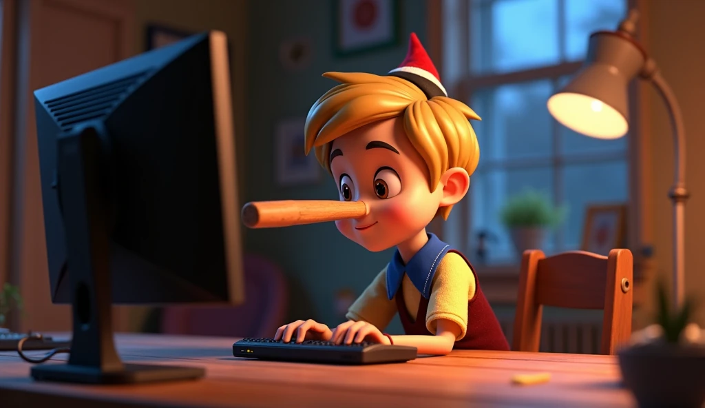 Im Stil von Pixar 3D-Animation filmen. Pinocchio with short blonde hair sits in front of a gaming PC with two monitors, a long lying nose pierces one of the monitors and destroys it.