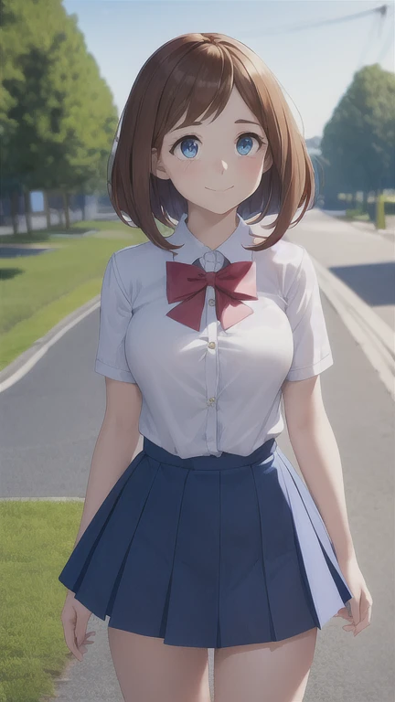 a cute girl with big blue eyes, beautiful detailed face, long eyelashes, pink cheeks, lovely expression, brown hair in a bob hairstyle, cheerful and optimistic, wearing a school uniform with a red bow tie, outdoor background with trees and blue sky, detailed realistic rendering, cinematic lighting, vibrant colors, digital art, concept art, highly detailed, 8k, photorealistic, ochako uraraka, con pechos grandes