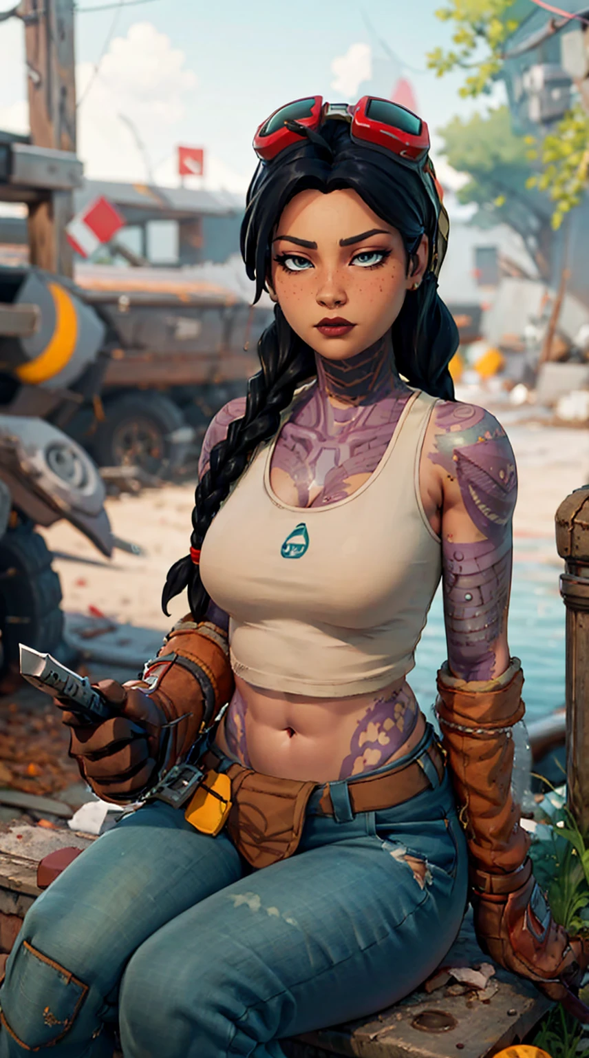 jules fortnite, Beautiful woman Black braided hair Braided ponytail athletic figure, pale skin, sleepy look, tank tub top and shadow symboll, bangs, exposed cleavage,  top-quality, lot of details, realisitic, work of art, best qualityer,  Woman alone, blue colored eyes, sitting down, park with trees around at day,  blue pants . 1girl, solo, black hair, Brown gloves, Black braided hair, Braided ponytail  , red goggles on head, bare and tattooed belly